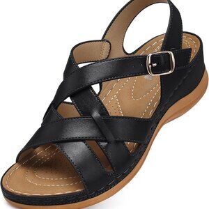 Women Flat Sandals Leather Wide Summer Slides Rubber Sole Dressy Comfortable